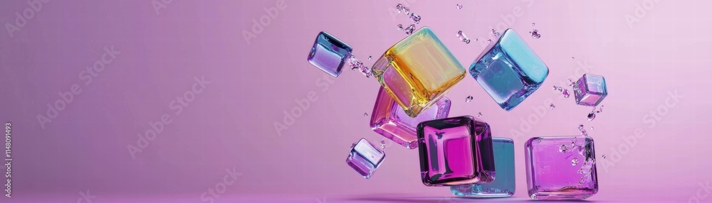 Poster colorful translucent blocks are scattered against a soft pink background, creating a vibrant, playfu