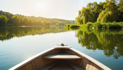 Fototapeta premium Wooden boat on a serene lake surrounded by lush greenery 