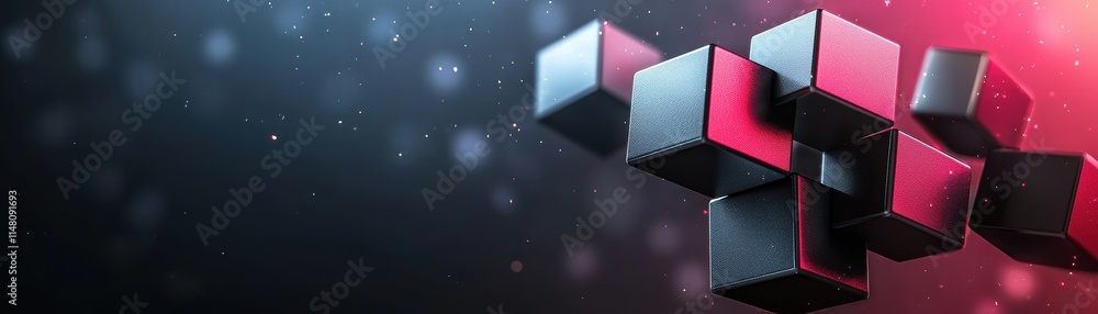 Poster a dynamic composition of black and blue cubes against a dark background, featuring a gradient of red