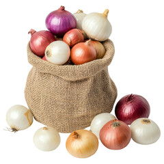 A burlap sack filled with a variety of onions, including red, white, and yellow, with several onions scattered around, white background, transparent background.