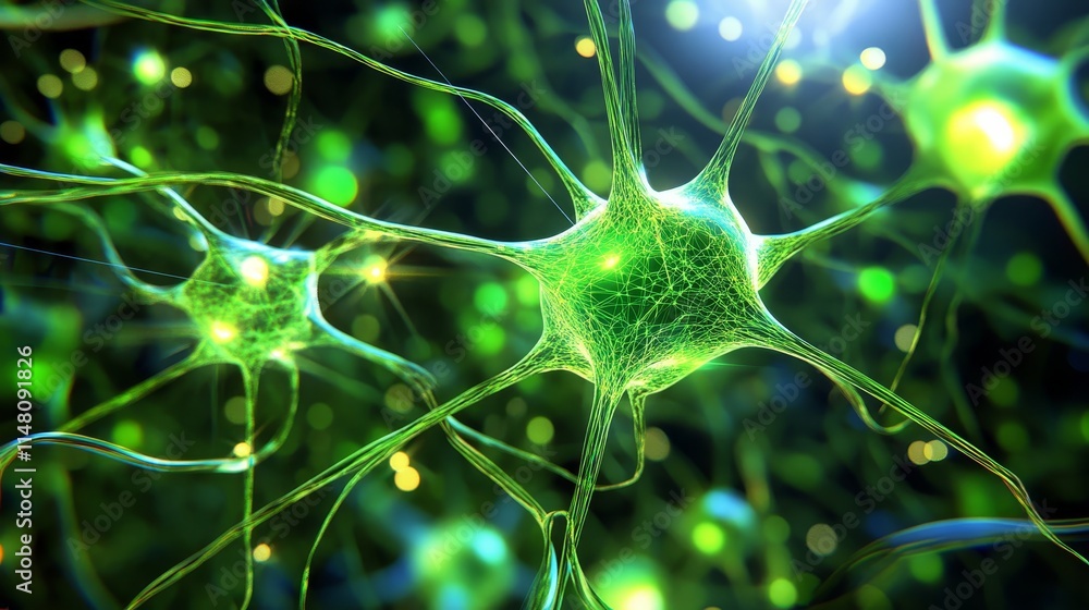 Poster microscopic neural network green neuron cells brain cells synapses