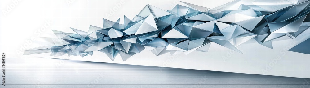 Poster a futuristic design featuring sharp, angular shapes in shades of blue, creating a sense of movement 
