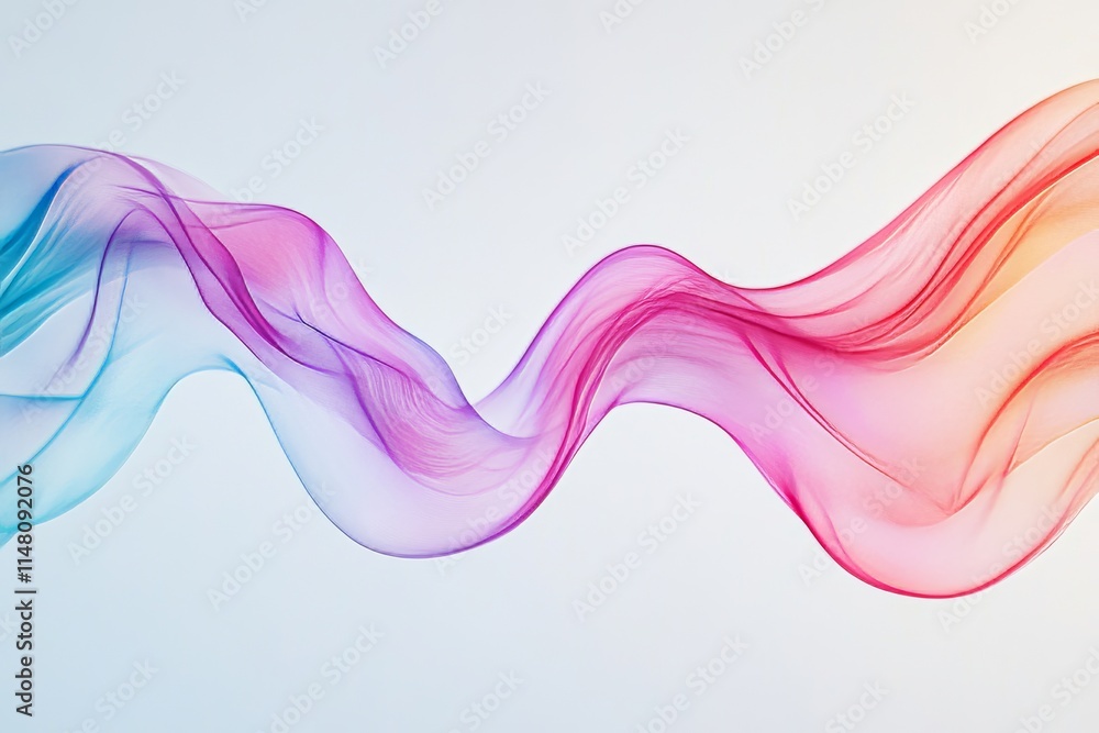 Poster vibrant, flowing ribbons in a dynamic wave pattern on a white backdrop, showcasing movement and colo