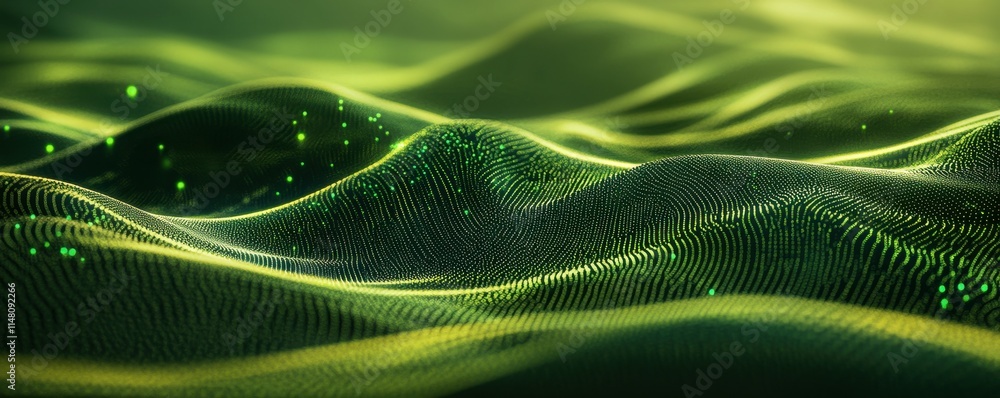Poster abstract green waves, flowing digital lines, glowing particles in motion, soft bokeh effect, serene 