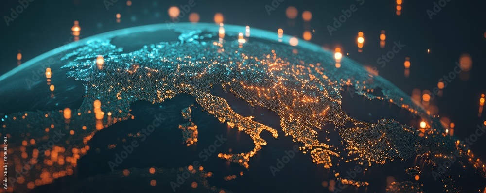 Poster digital earth globe with glowing data points on a dark background, symbolizing global digital connec