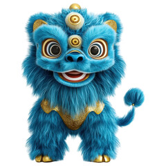 Fototapeta premium A vibrant blue mythical creature with large eyes, a playful expression, and decorative features, resembling a lion-dog fusion, white background, transparent background.