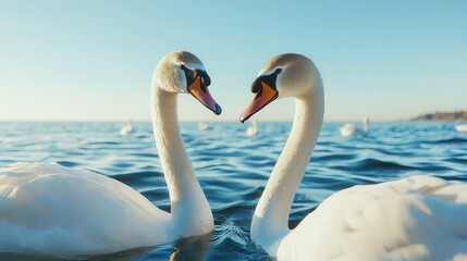 Two Graceful Swans Forming a Heart Shape in a Serene Blue Lake Under Bright Sunny Sky