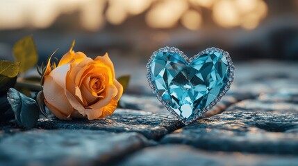 Beautiful Blue Heart-Shaped Gemstone Next to Soft Orange Rose on Cobblestone Background