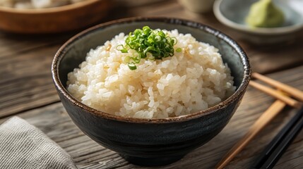 Bowl of Steamed Rice with Green Onions.
