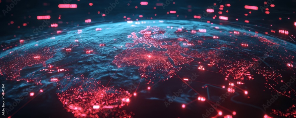 Poster digital earth globe with glowing data points on a dark background, symbolizing global digital connec