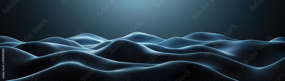 Poster a digital landscape featuring illuminated wave-like structures against a dark background, evoking a 