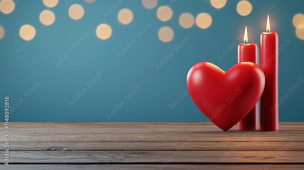 Poster romantic arrangement with heart and red candles on wooden table with soft bokeh background