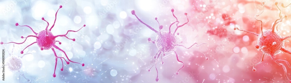 Poster abstract image featuring colorful, stylized representations of cells or microorganisms against a sof