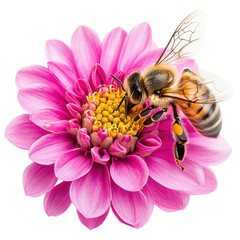 A bee gathers pollen from a vibrant pink flower, showcasing nature's intricate pollination process, white background, transparent background.