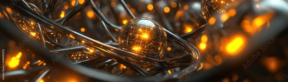 Poster a close-up view of intricate metallic structures illuminated by glowing golden lights, creating a fu