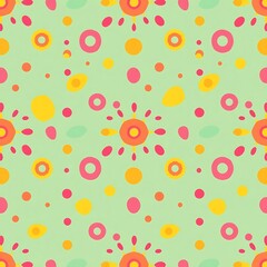 Pastel Delight: A cheerful seamless pattern of hand-drawn flowers and circles in soft pastel colors on a mint green background. Perfect for textile prints, scrapbooking, and cheerful designs. 
