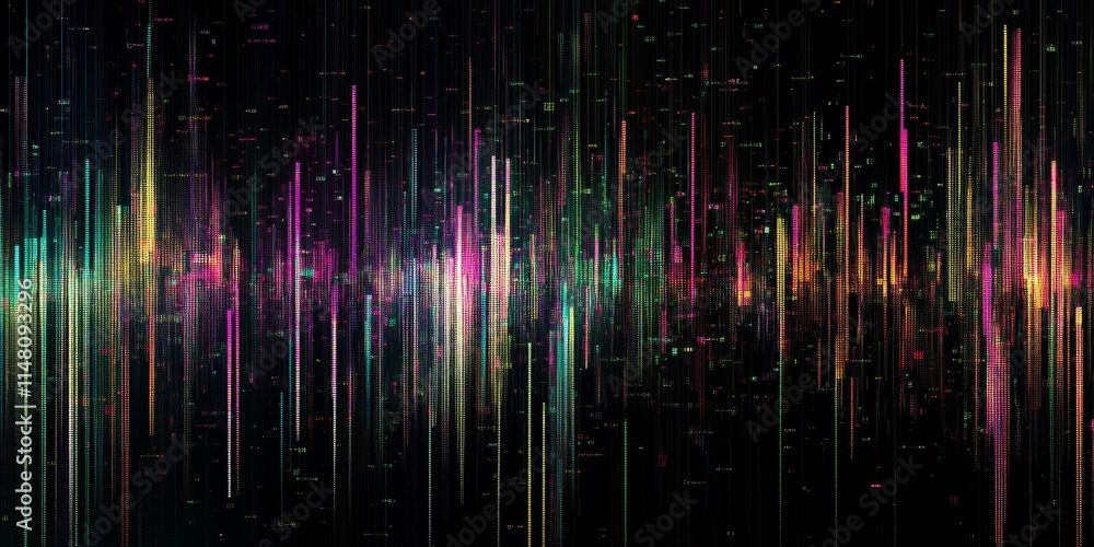 Poster colorful digital sound wave pattern with vertical lines on a black background, creating a dynamic an