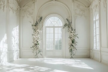 Fototapeta premium Wedding backdrop aesthetic indoor window natural light minimalist floral plant decoration background
