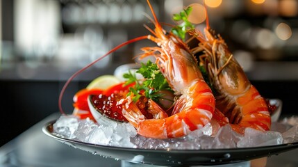 Fresh seafood dish presented on a bed of crushed ice