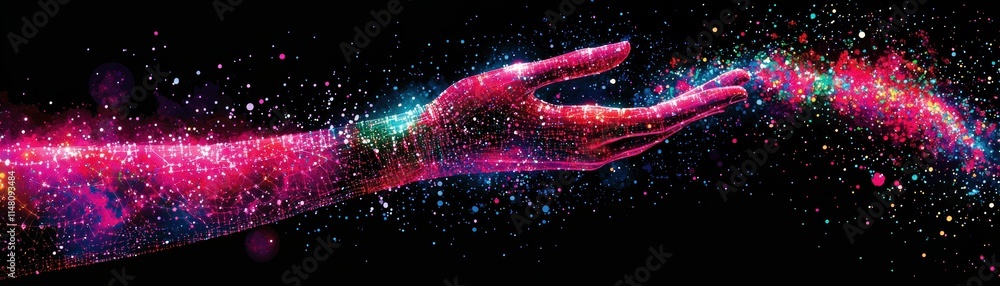 Poster a vibrant hand extends into a cosmic scene, surrounded by colorful stars and particles, symbolizing 