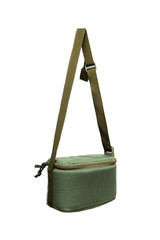 Green fabric shoulder bag with adjustable strap, isolated on white background.