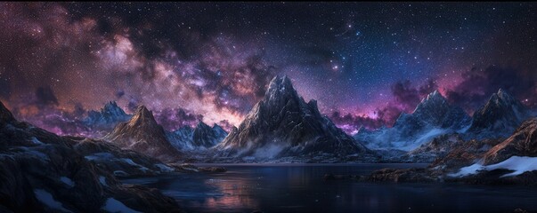 Obraz premium Night scene in Norway with the Milky Way and snow-covered mountains and a sea bay at night. Spectacular landscape with snowy rocks, starry sky and milky way. Lofoten Islands.