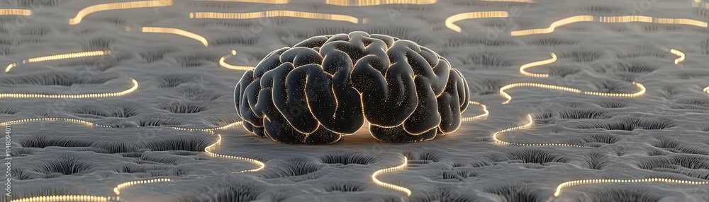 Poster a detailed depiction of a brain-like structure on a textured surface, illuminated by subtle lines, s