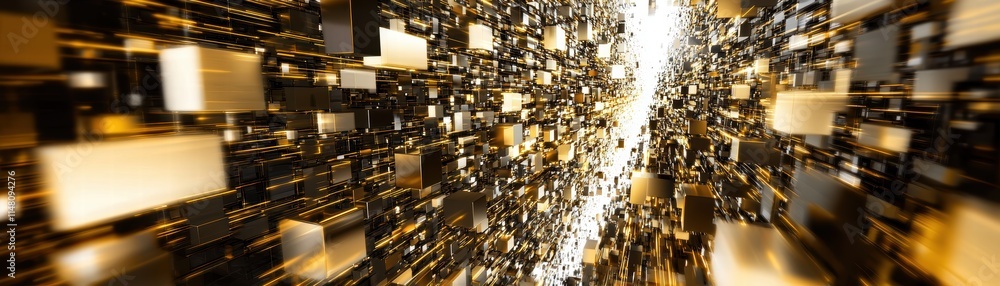 Poster a dazzling abstract scene featuring golden cubes and light, creating a dynamic, futuristic atmospher