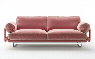 Obraz premium A contemporary sofa with soft pink velvet upholstery, rounded edges, and chrome legs, on a white background