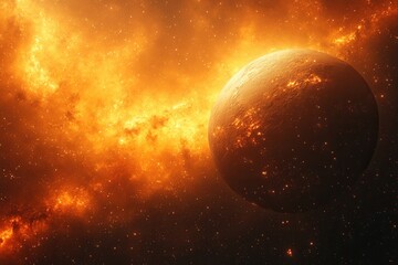 Fototapeta premium A vibrant cosmic scene featuring a glowing planet amidst fiery nebulae and stars.