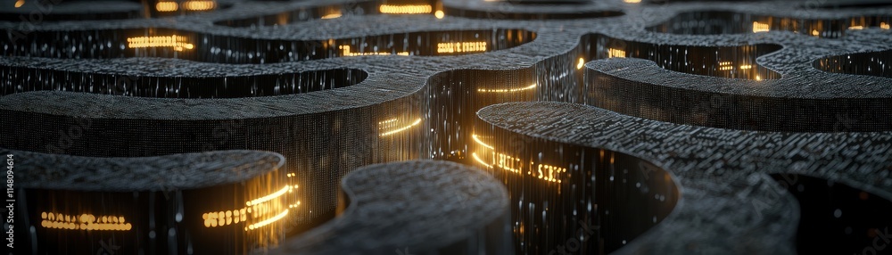 Poster a mesmerizing top-down view of glowing pathways amidst a dark, textured landscape, creating an ether