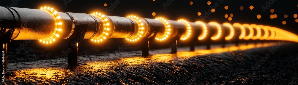 Poster a glowing pipeline illuminated by circular lights stretches into the distance, creating a striking v