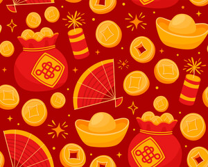 Seamless pattern with red bags with coins, gold bars, fan, firecrackers and stars on red background. Symbols of wealth, prosperity, luck. Symbols of Chinese New Year, Tet. Wrapping paper.