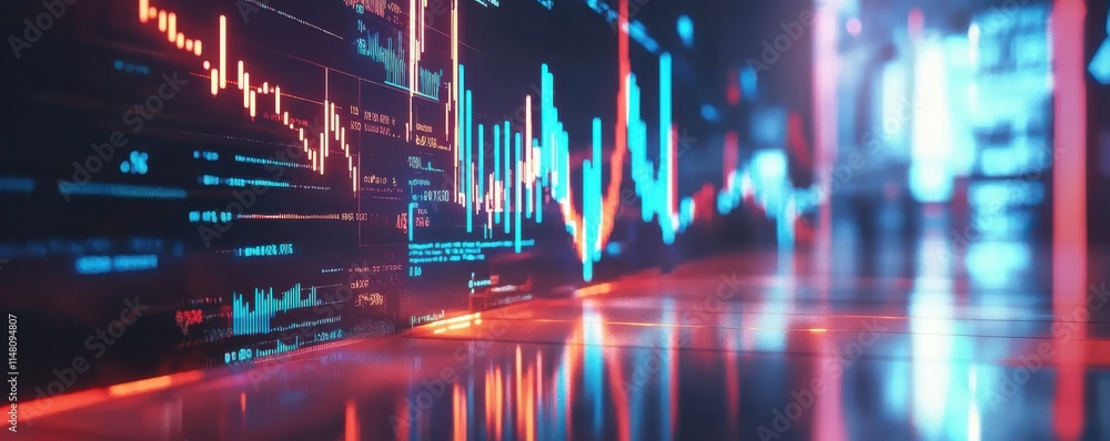 Poster digital stock market trading with rising graph analytics, illuminated financial data and market tren