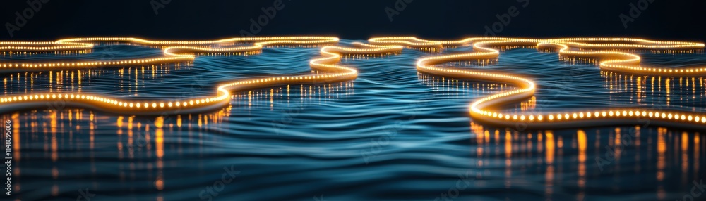 Poster a mesmerizing scene of illuminated patterns reflecting on water, creating a tranquil and enchanting 