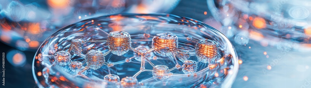 Poster a close-up image of a microfluidic device featuring droplets and interconnected structures, showcasi