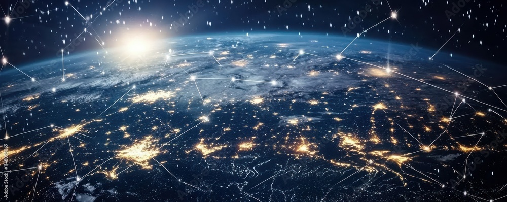 Poster abstract representation of global network connection, depicting digital earth with interconnected li