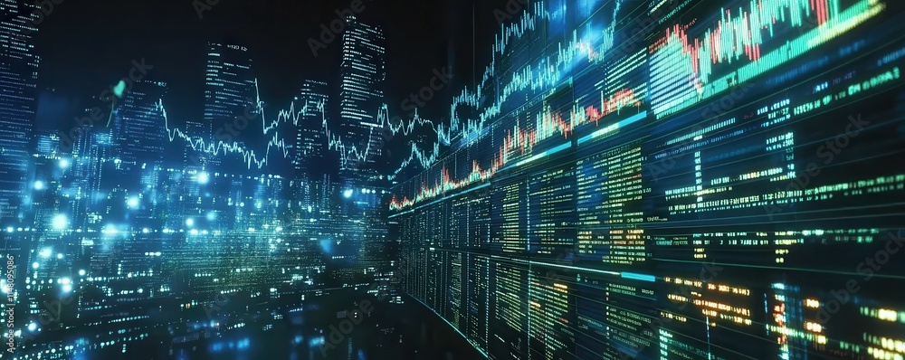 Poster digital stock market trading with rising graph analytics, illuminated financial data and market tren