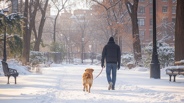 A man walks his dog on a leash in a city park in winter.
