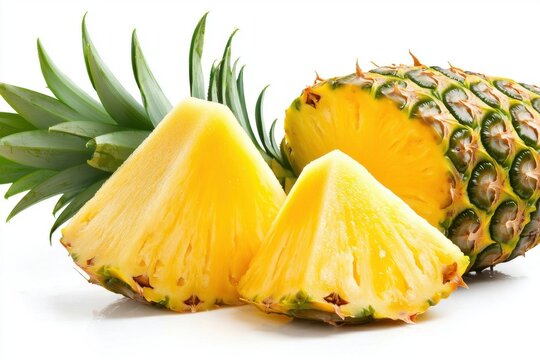 Fresh Pineapple Slices with Green Leaves Isolated on White Background