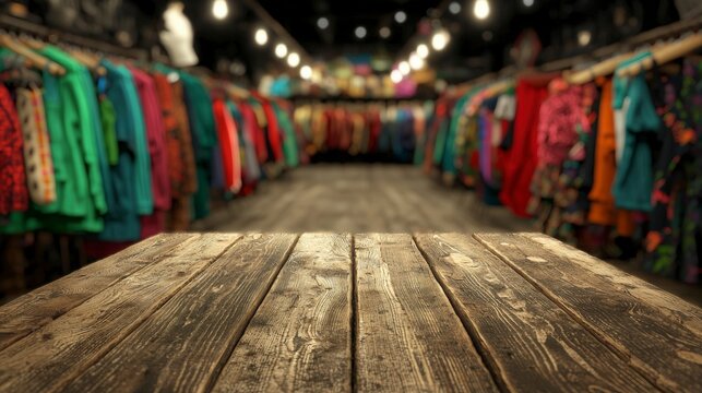 Rustic Wooden Tabletop  Blurred Luxury Secondhand Clothing Store Background