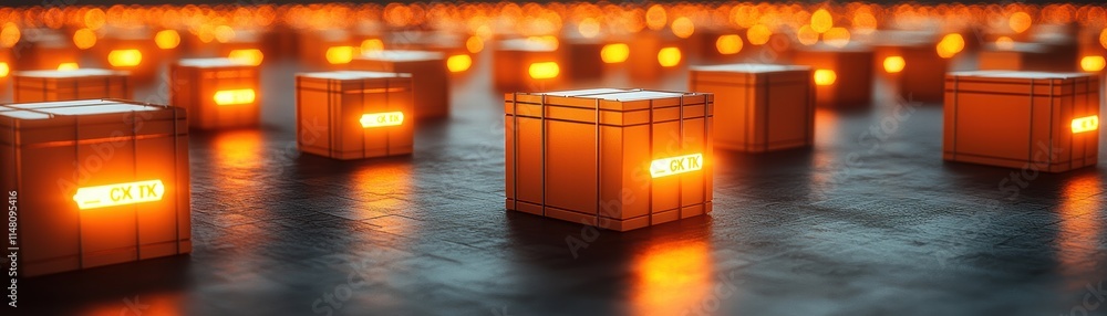 Poster a mesmerizing scene of illuminated boxes scattered on a dark surface, creating a warm and inviting a