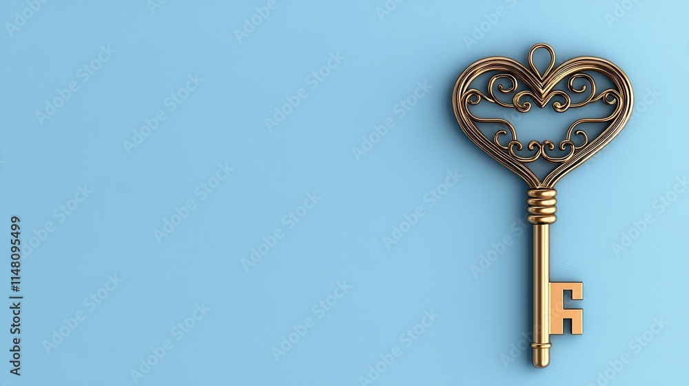 Poster elegant heart-shaped key with intricate design on soft blue background for creative use
