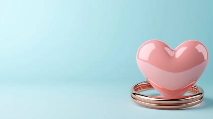 Pink Heart Shape on Elegant Gold Ring Against Soft Blue Background for Love and Romance Theme