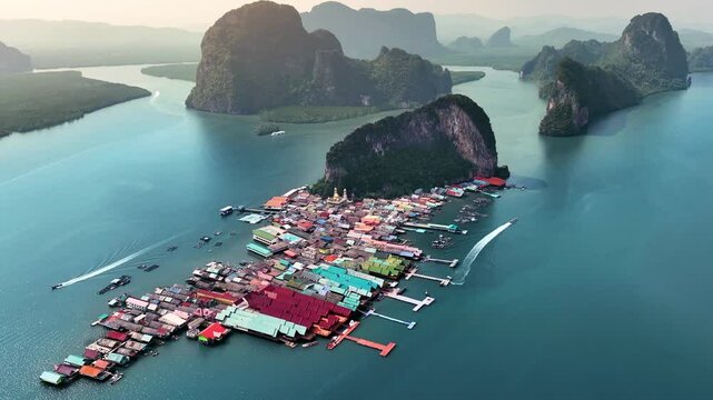 Panyi Island, Phang Nga Province, Thailand, a fishing village located in the middle of the beautiful sea of ​​Thailand. Beautiful nature of the sea and mountains, the concept of eco-tourism.	

