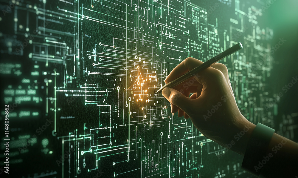 Aufkleber a glowing hand sketches intricate circuit designs on a digital interface, blending art and technolog