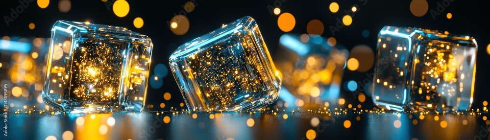 Poster the image features sparkling ice cubes with golden reflections on a dark background, creating an enc