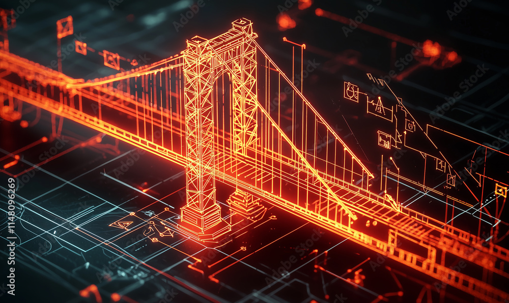Poster a glowing, digital representation of a bridge, showcasing intricate designs and engineering, set aga