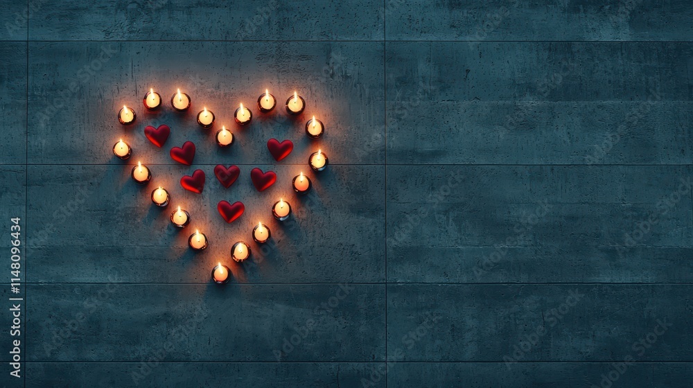 Poster heart shape created with warm lights and red hearts on a textured dark background