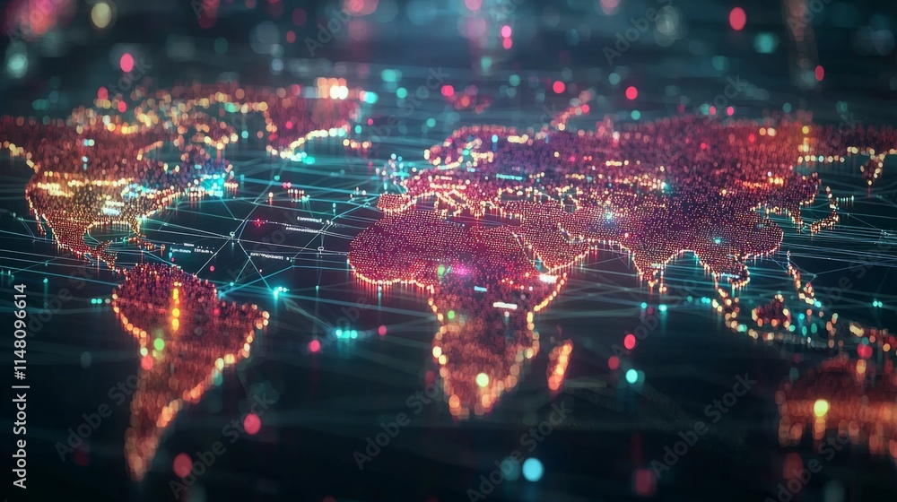 Aufkleber A dynamic world map is illuminated with bright colors, showcasing intricate financial connections that span continents. The visualization emphasizes global interdependence in the economy